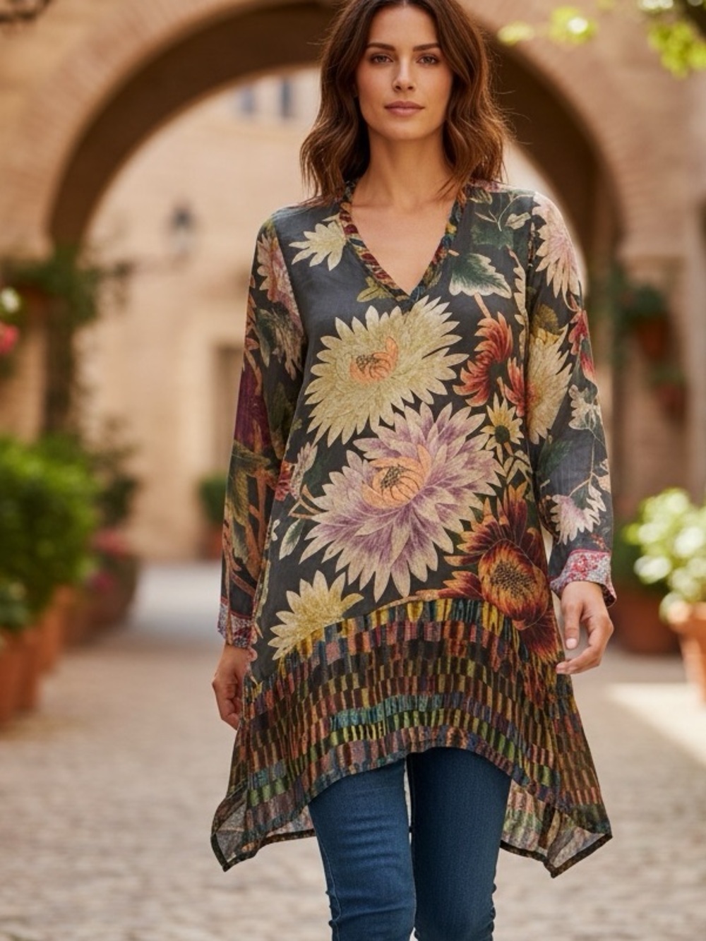 Boho Floral V-Neck Tunic Top in Black Multi - Picture 3 of 15